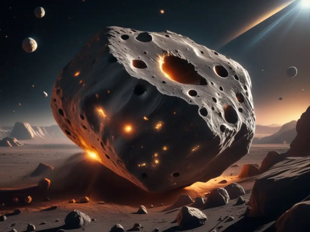 Evolución biológica en asteroides: Vista detallada de un asteroide masivo en el espacio, con cráteres, rocas y fisuras