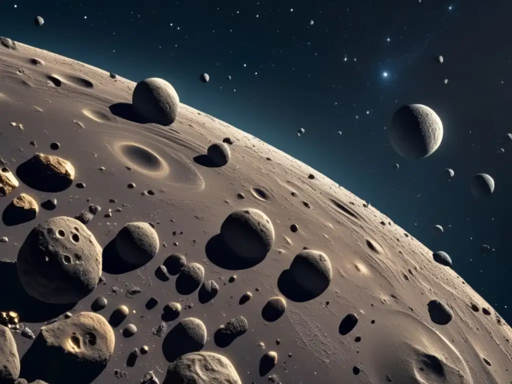 Explotación de asteroides: una vista impresionante del cinturón de asteroides en el espacio exterior, con asteroides de diferentes tamaños dispersos