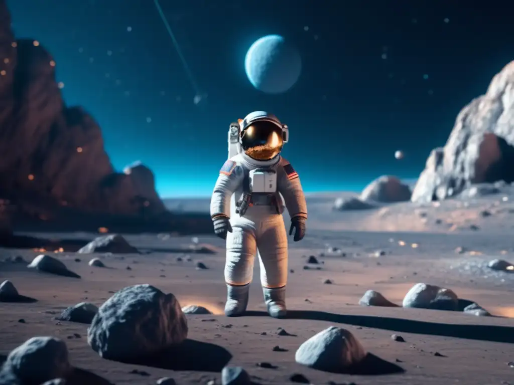 Astronauta en asteroide, exploración espacial futurista