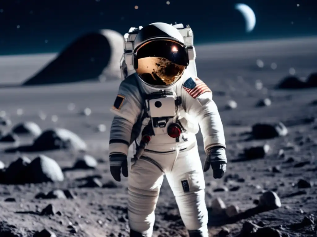 Astronauta en un asteroide rodeado de terreno rocoso