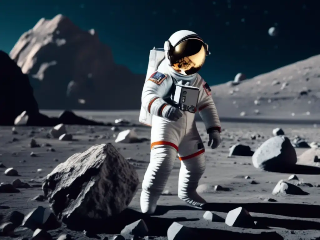 Astronauta en asteroide con traje espacial y aleaciones de asteroides; simbiosis perfecta entre exploración espacial y tecnología vanguardista