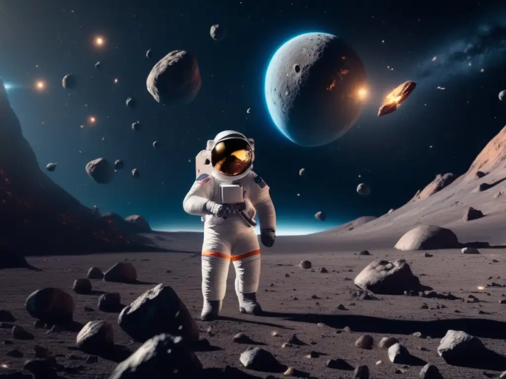 Astronauta flota en campo de asteroides, revelando potencial económico de recursos espaciales