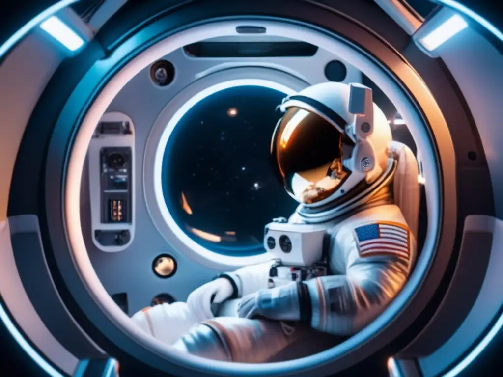 Un astronauta en una cápsula espacial rodeado de instrumentos y monitores, preparación mental para vivir en un asteroide