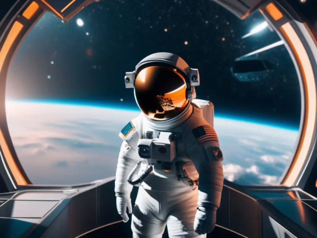 Astronauta en estación espacial futurista, rodeado de estrellas y galaxias