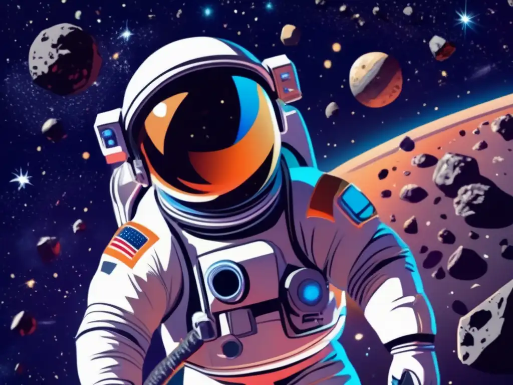 Un astronauta flotando en el espacio rodeado de asteroides, representando la exploración de órbitas de asteroides y la importancia de la gravedad