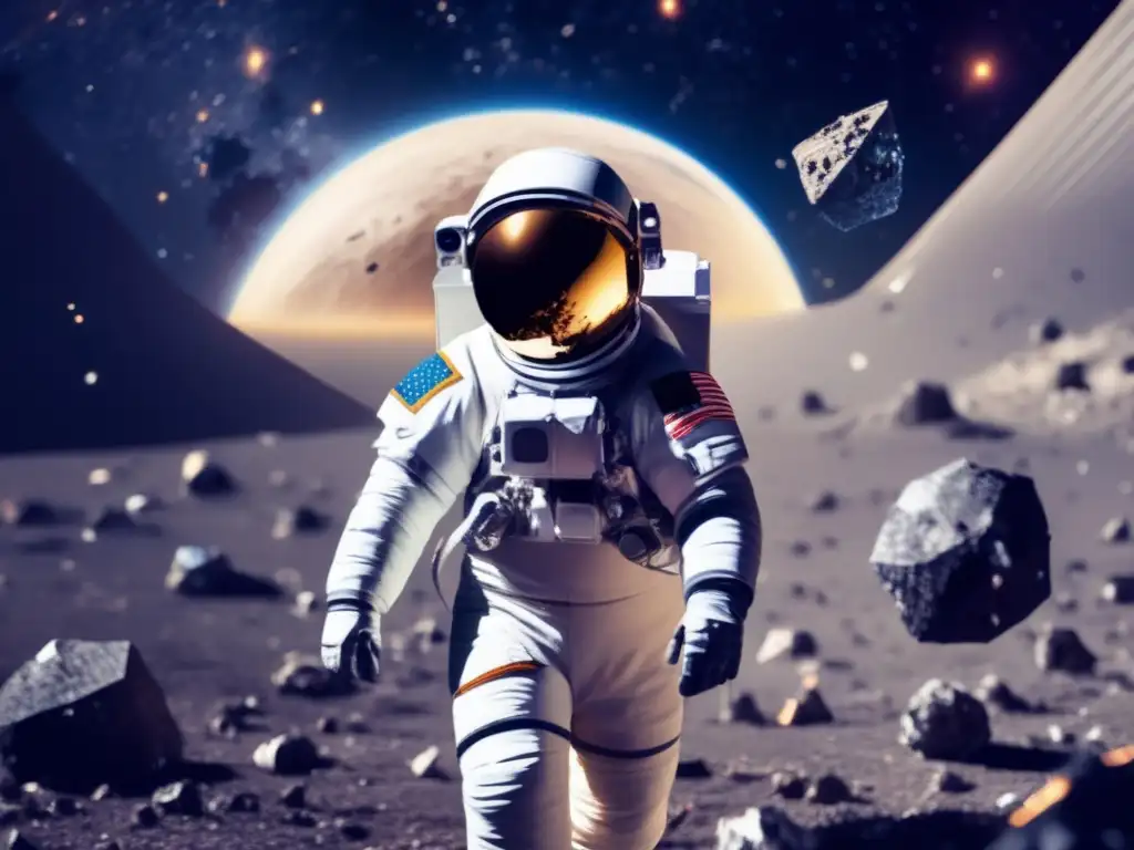 Astronauta en espacio rodeado de campo de escombros - Impacto asteroides tierra dinámica destrucción