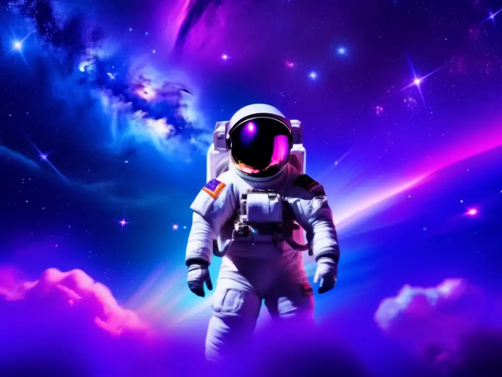 Astronauta flota en el espacio rodeado de una nebulosa