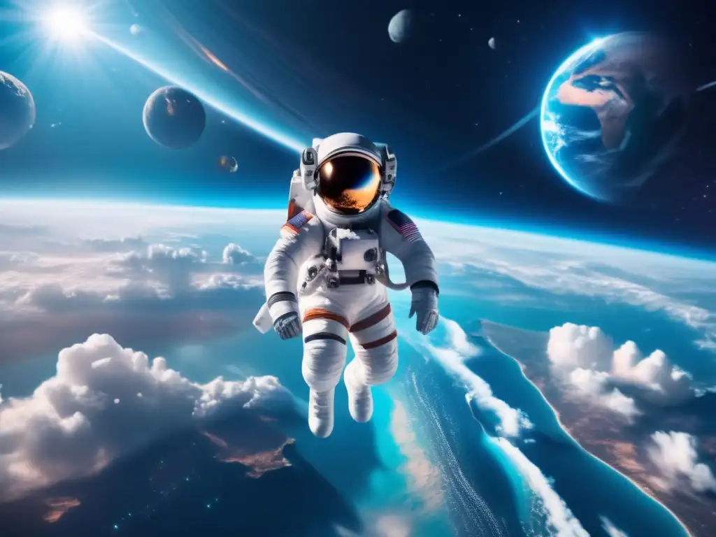 Astronauta flotando en el espacio con tecnología para superar gravedad cero