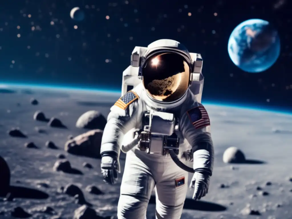 Astronauta en el espacio con la Tierra, asteroide y tecnología avanzada para la exploración de asteroides