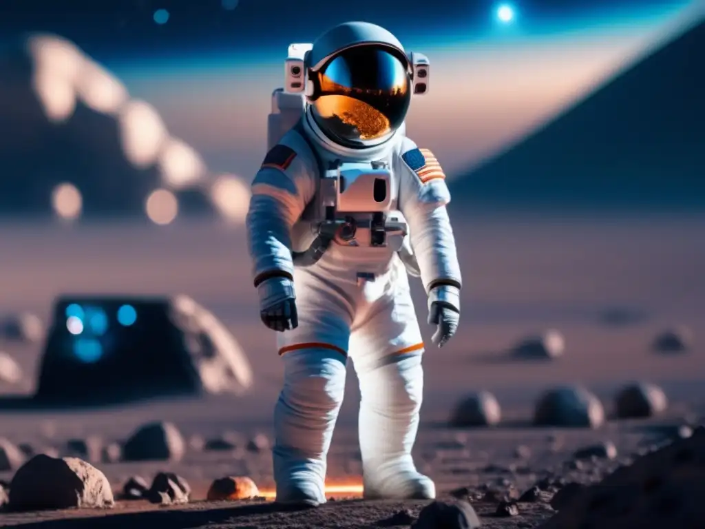 Astronauta futurista en asteroide: Realidad Virtual exploración asteroides