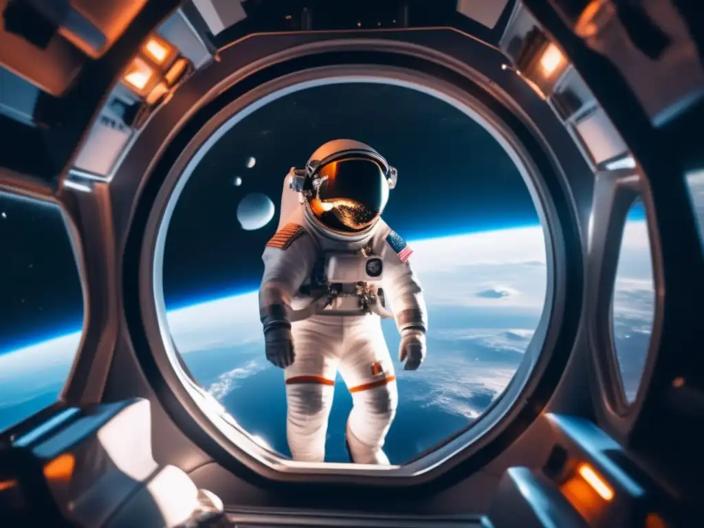 Astronauta flotando en nave espacial en el cinturón de asteroides: entrenamiento espacial