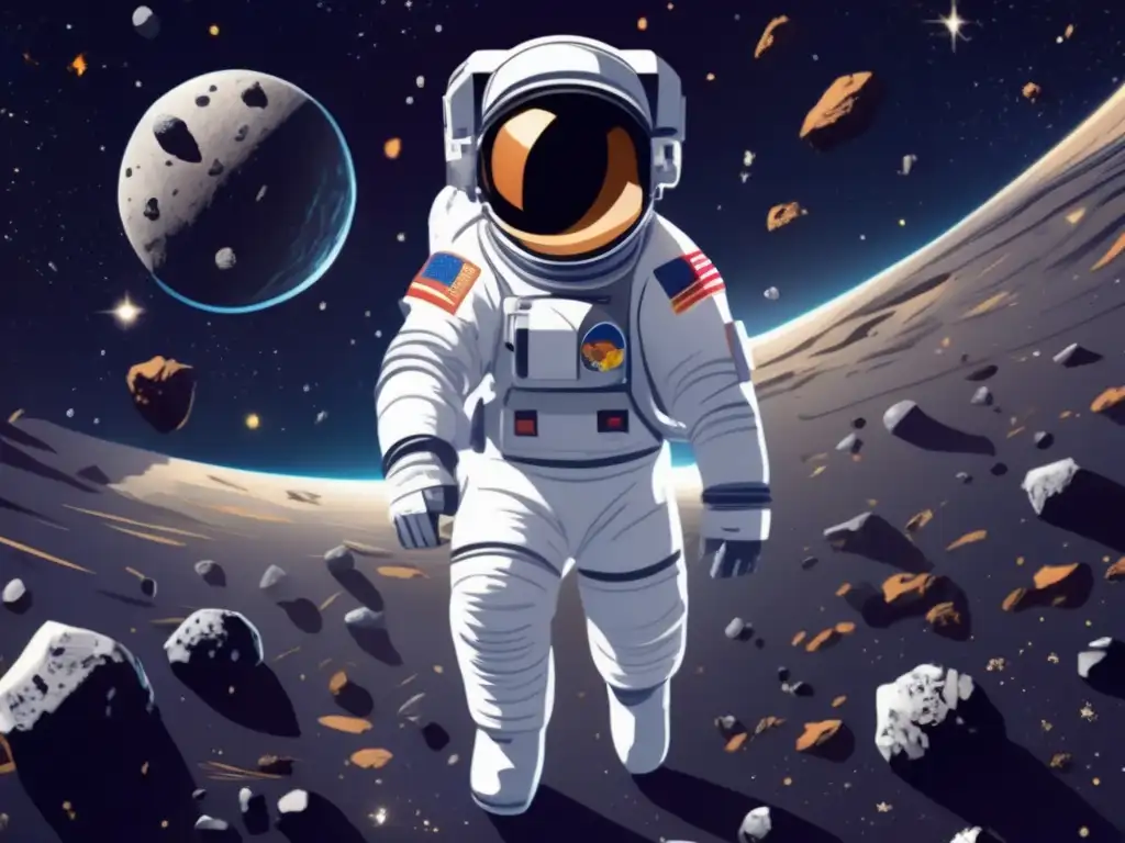 Astronauta flotando rodeado de asteroides, destacando estudios de composición en misiones espaciales