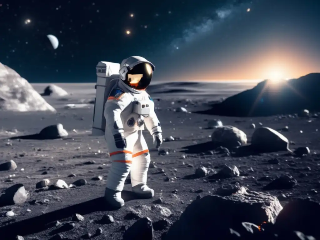 Astronauta con traje espacial en asteroide