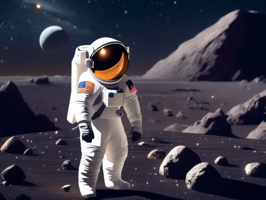 Astronauta en traje espacial blanco en asteroide, visor refleja espacio, paisaje cósmico, exploración asteroides, Realidad Virtual