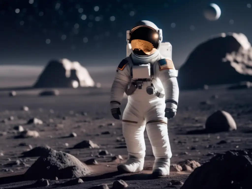 Un astronauta en un traje espacial blanco se encuentra en un asteroide desolado