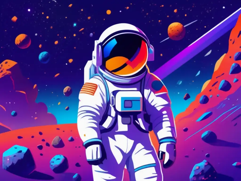 Astronauta en traje espacial flota en el espacio rodeado de asteroides con VR en Realidad Virtual exploración asteroides