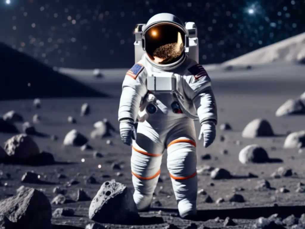 Astronauta en traje espacial futurista en un asteroide, rodeado de espacio y estrellas