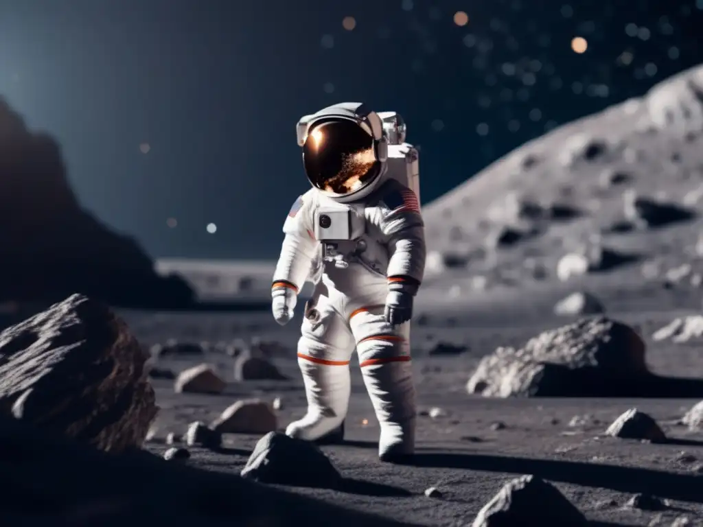 Astronauta en traje espacial futurista en asteroide, rodeado de espacio y usando AR para explorar