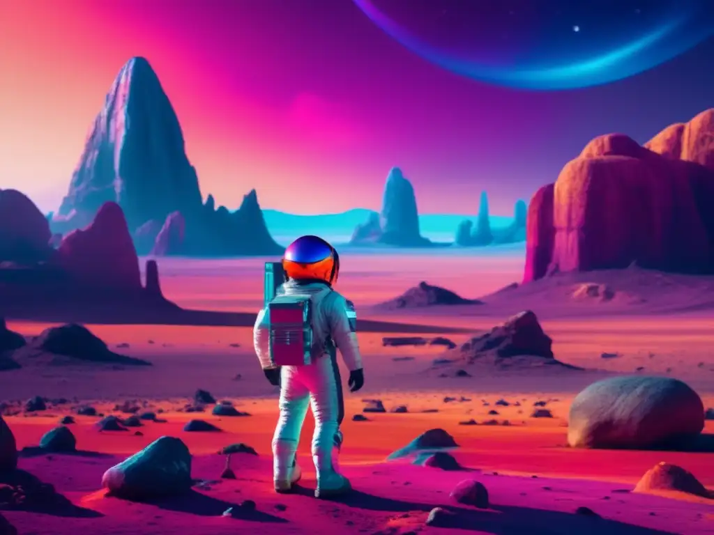 Astronauta en traje espacial en paisaje alienígena