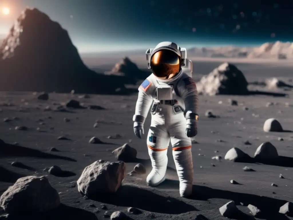 Astronauta en traje futurista en asteroide con realidad aumentada
