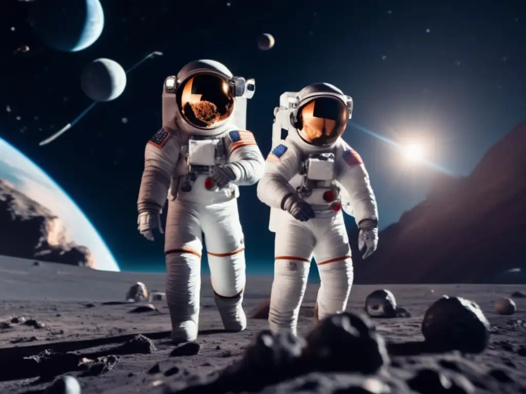 Astronautas explorando asteroide en el espacio - Misiones espaciales evaluación riesgos asteroides