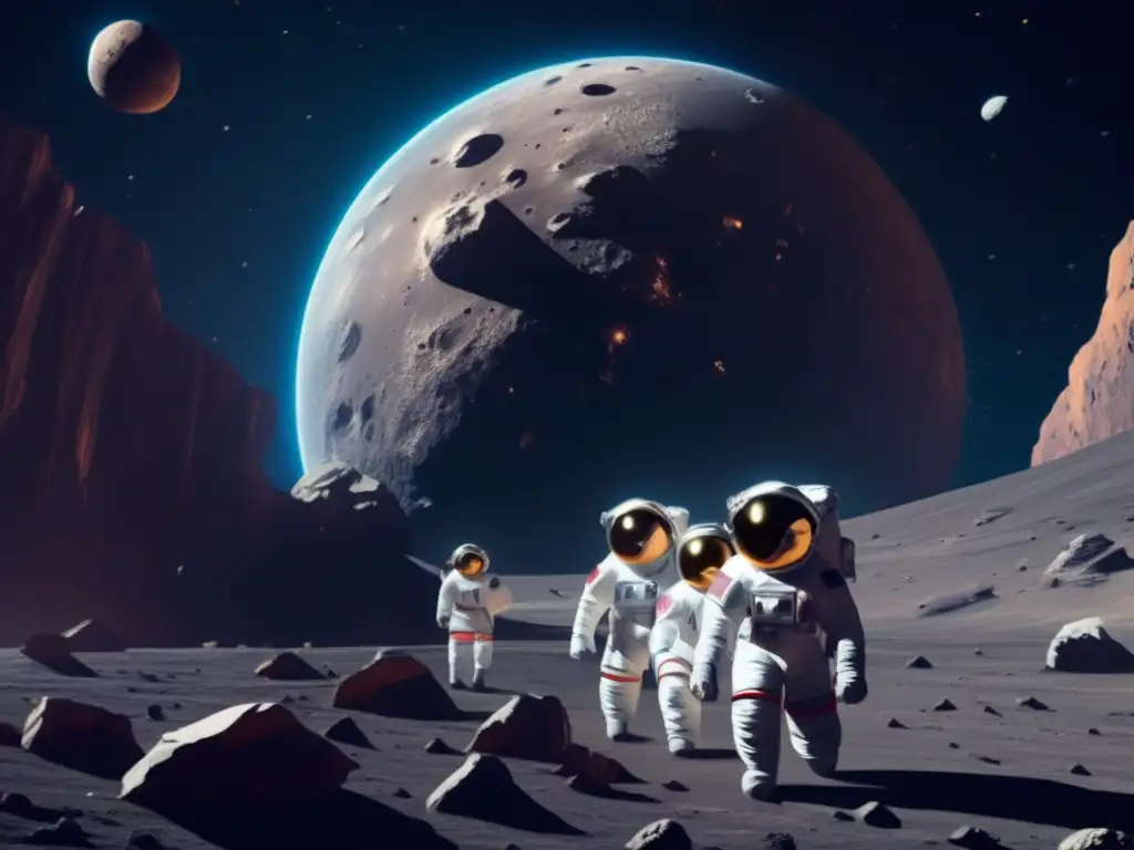 Astronautas flotan cerca de asteroide gigante en el espacio