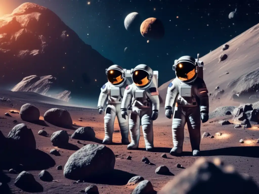 Astronautas explorando asteroide peligroso con tecnología avanzada