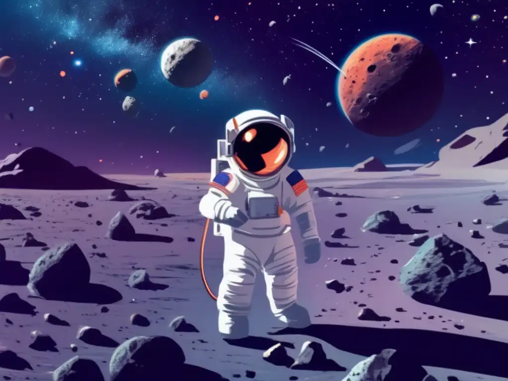 Astronautas explorando asteroides gigantes en el espacio