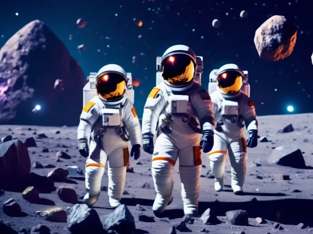Representación astronautas explorando asteroides en una imagen impactante de ciencia ficción