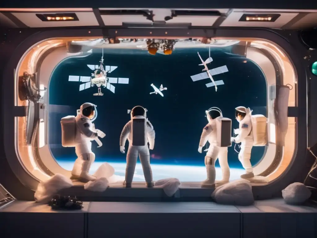 Astronautas observan escultura flotante de materiales reciclados en gravedad cero