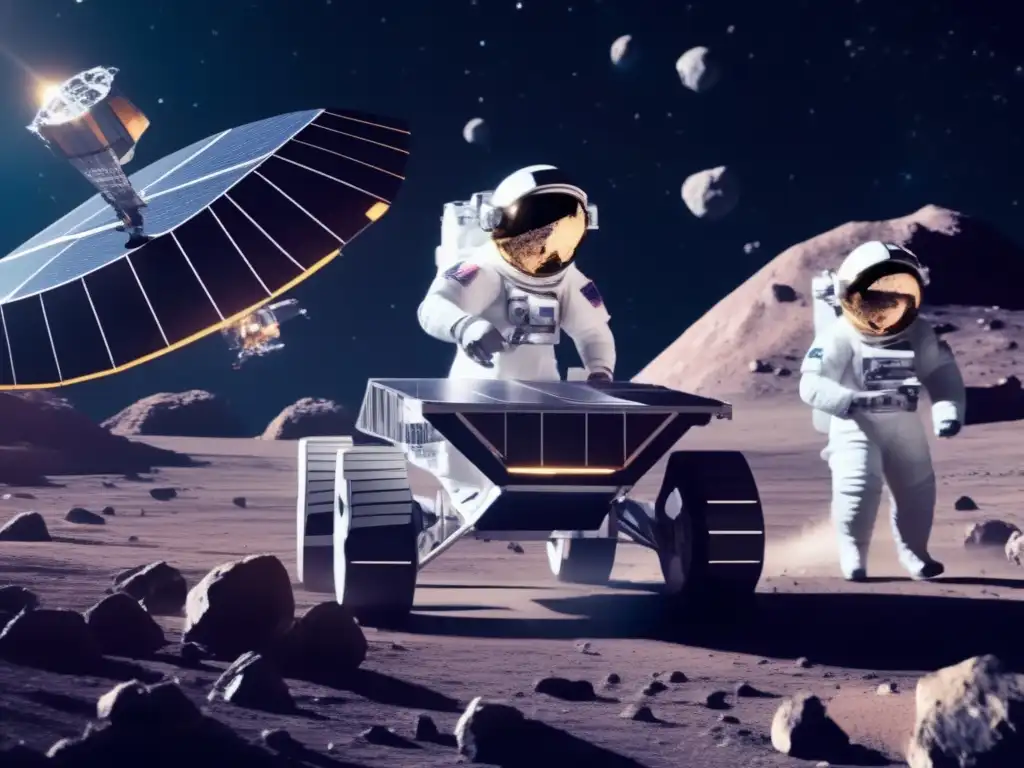 Astronautas en estación espacial minera en asteroide, con avanzada tecnología y exploración de asteroides como recurso