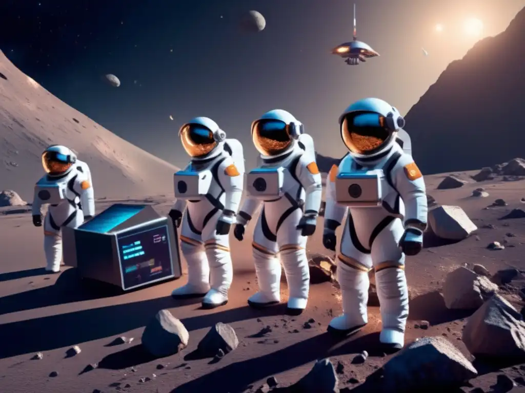 Astronautas futuristas exploran asteroide con tecnología vanguardia en minería de asteroides