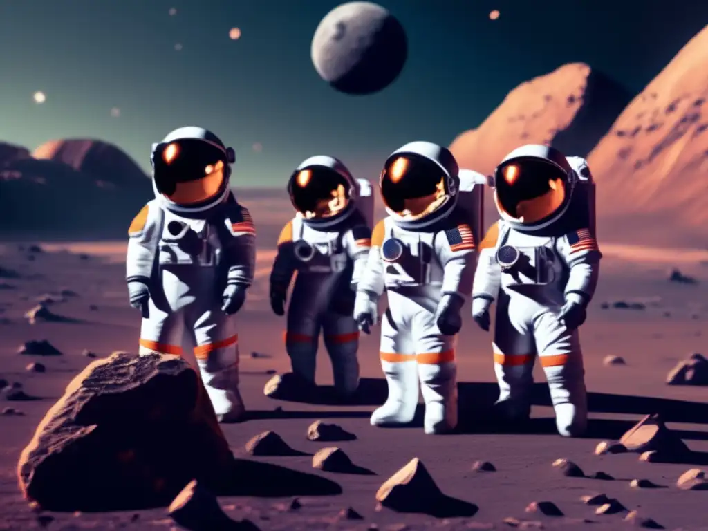 Astronautas en traje espacial explorando asteroide: Preparación psicológica minería asteroides
