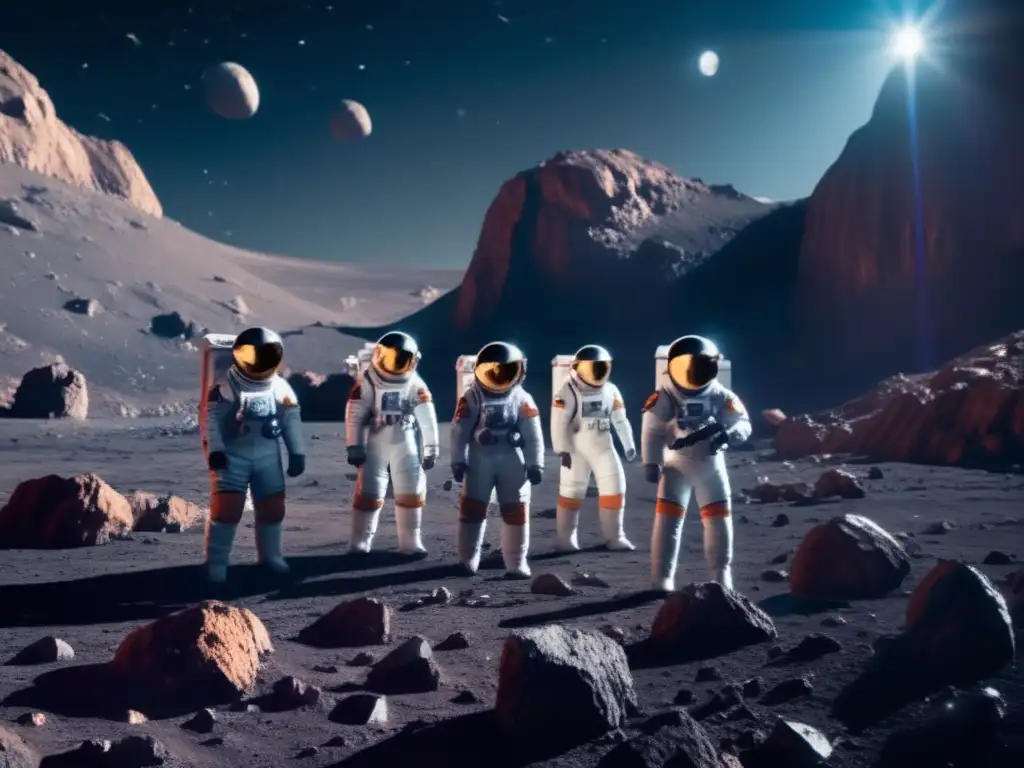 Astronautas en traje espacial en asteroide con extracción de recursos en el espacio