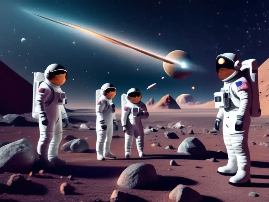 Astronautas en traje espacial interactúan con hologramas en misión de exploración espacial usando realidad aumentada: Visualización de asteroides