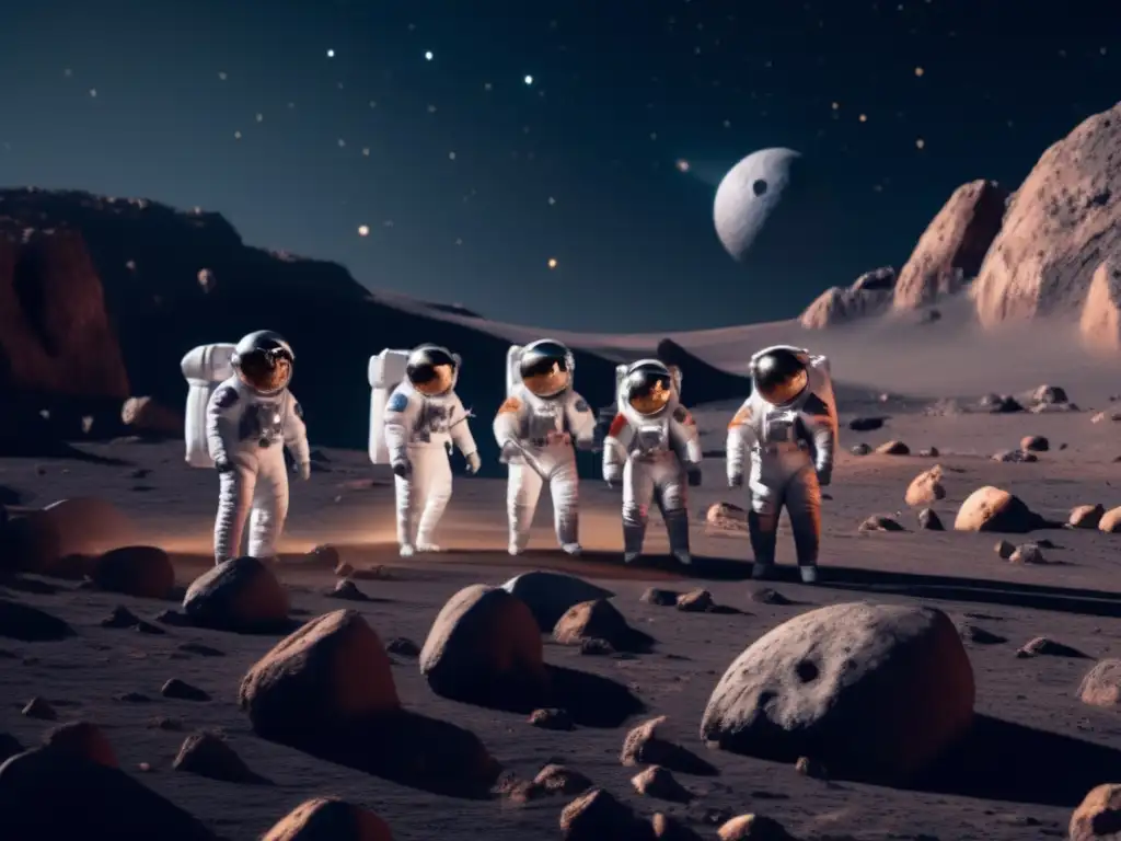 Astronautas en traje espacial entrenando en realidad virtual para exploración de asteroides