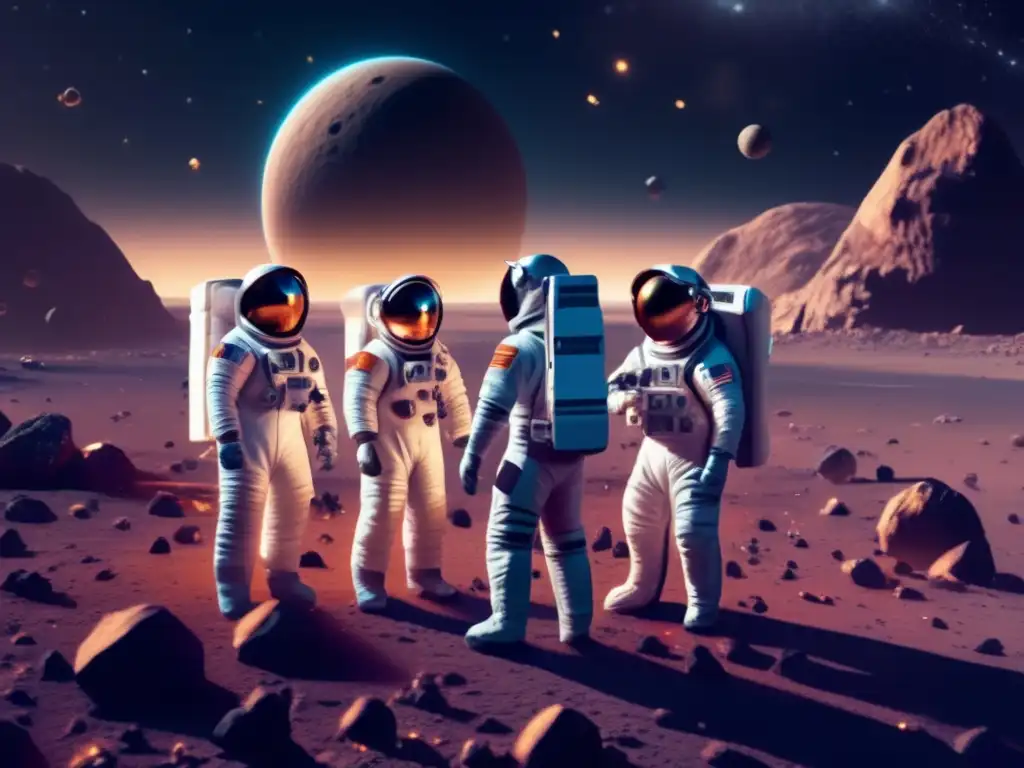 Astronautas en traje futurista trabajando en asteroide, rodeados de espacio y otros asteroides