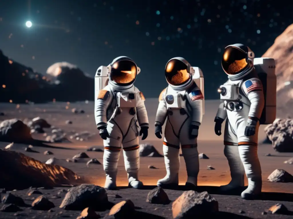 Astronautas en trajes espaciales en un asteroide