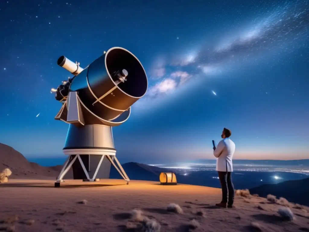 Un astrónomo junto a un telescopio moderno, mirando al cielo estrellado, refleja avances científicos ocultaciones asteroides