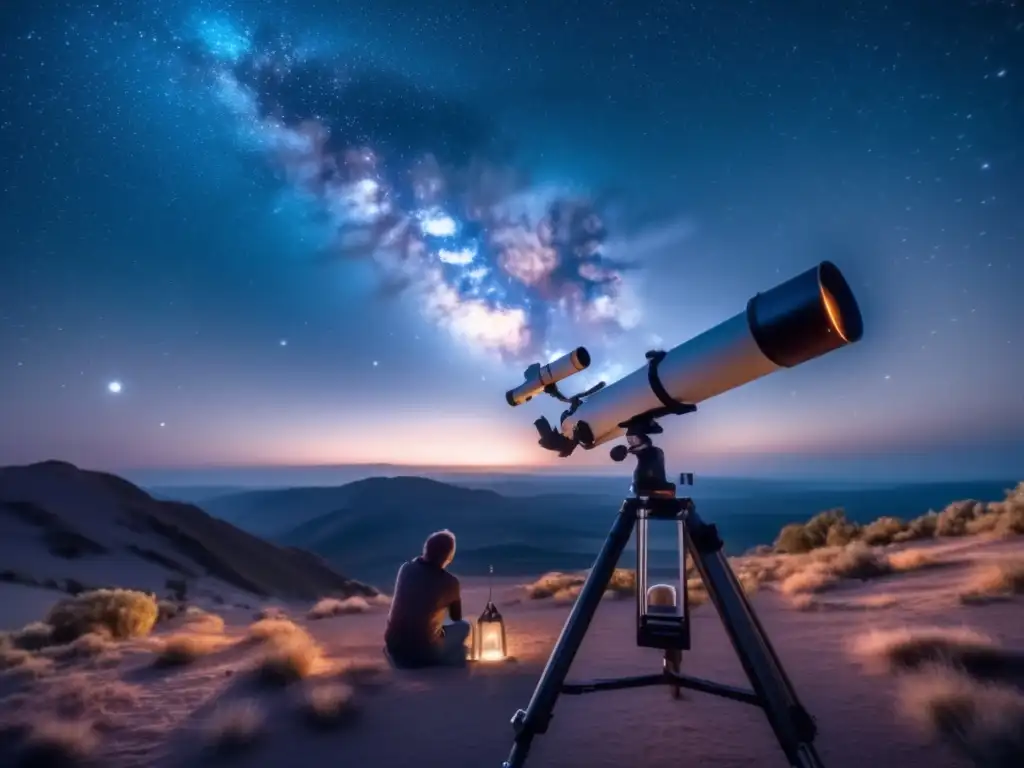 Un astrónomo profesional con telescopio de alta tecnología, observando el impresionante cielo nocturno repleto de estrellas y la Vía Láctea