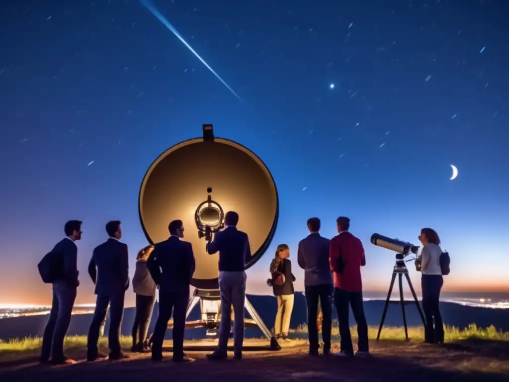 Astrónomos aficionados observando y analizando el cielo nocturno con telescopio avanzado