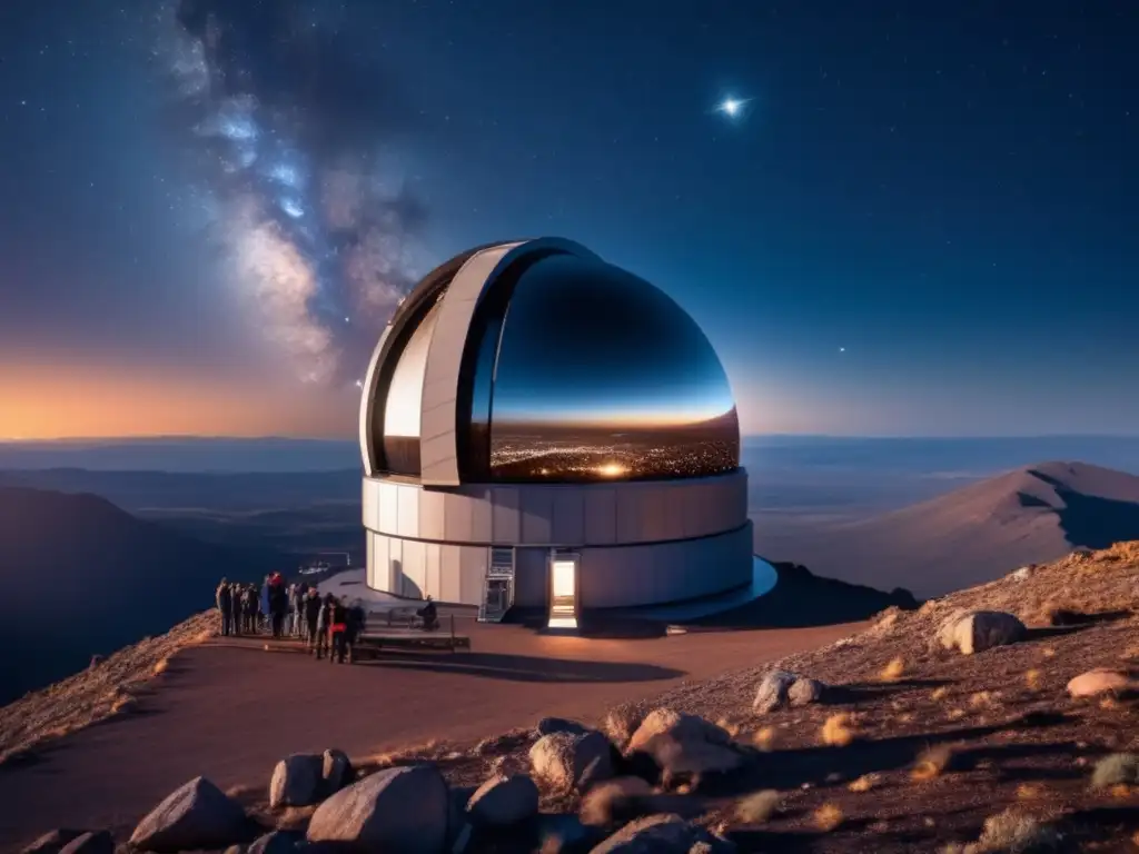 Astrónomos y científicos observando un telescopio en una montaña, impacto asteroide tierra exploración