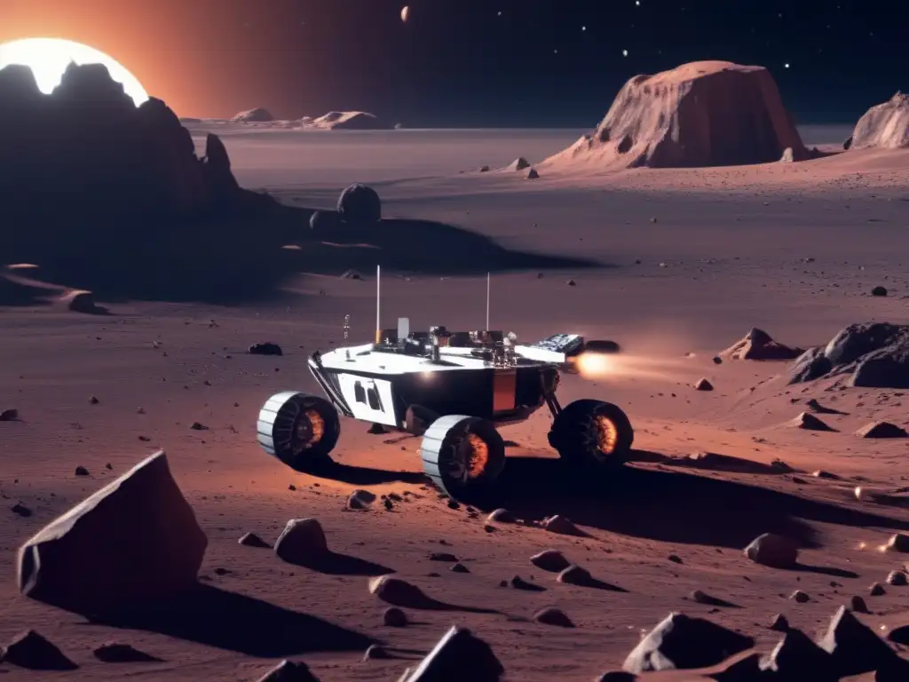 Aterrizaje en asteroide binario: desafío y peligros, detalle impresionante de la superficie y el robot de exploración