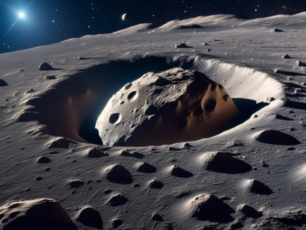 Aterrizaje en asteroide binario: desafío y peligros, vista impresionante de su superficie y cráteres, sin atmósfera, estrellas brillantes de fondo