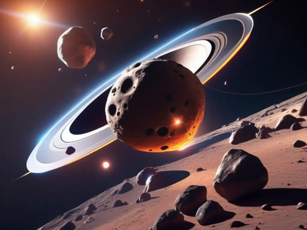 Aterrizaje en asteroide binario: desafío y peligros, nave espacial futurista, asteroides rocosos, texturas distintas, sombras y estrellas