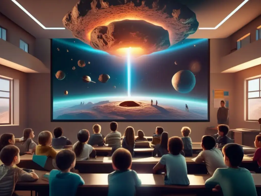 Aula con estudiantes maravillados por proyección holográfica de asteroide: guías didácticas sobre asteroides