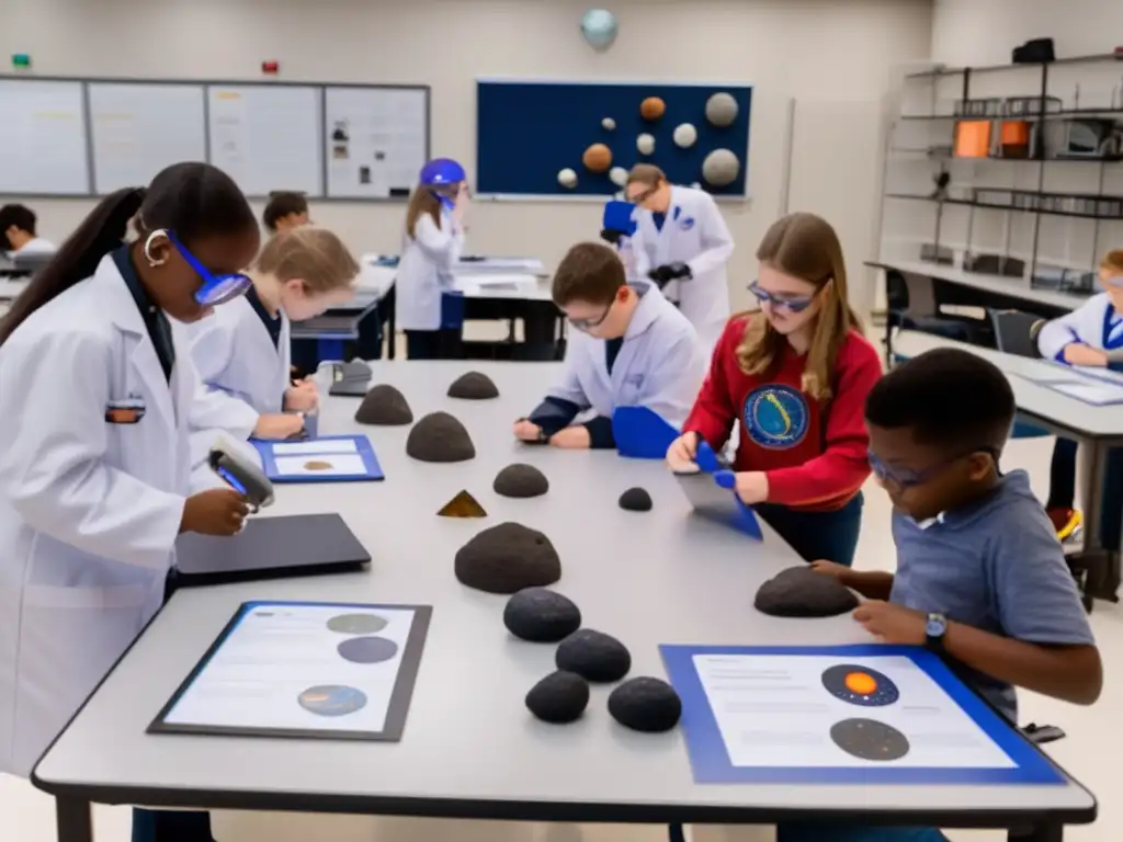 Aula moderna con estudiantes entusiastas explorando asteroides - Asteroideología en el currículo educativo