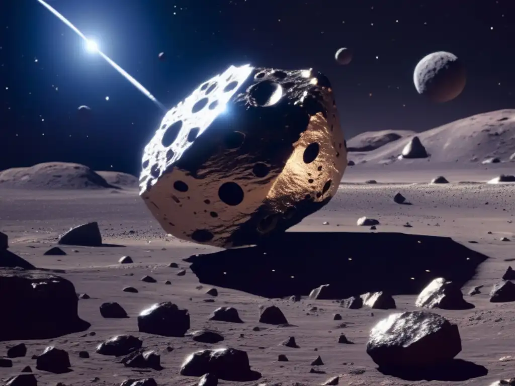Avances en espectroscopía de asteroides: Asteroide metálico flotando en el espacio, con detalles visibles y una nave minera robótica