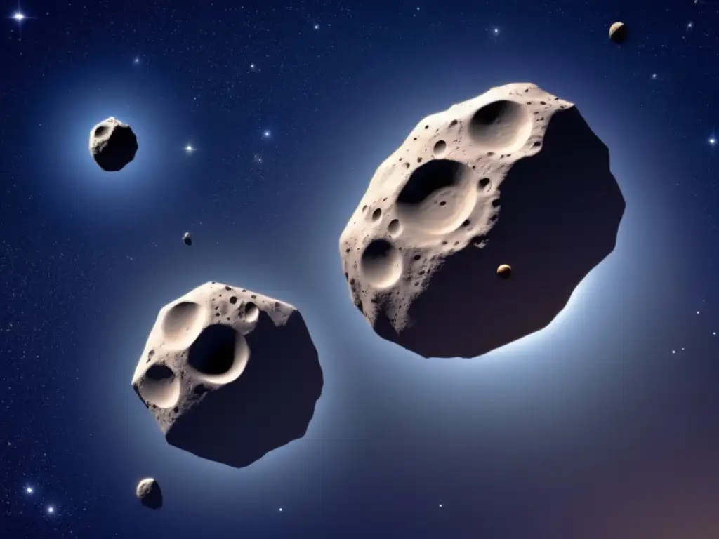 Avances en asteroides binarios: imagen de sistema binario de asteroides con dos objetos de distintos tamaños orbitando entre galaxias y estrellas