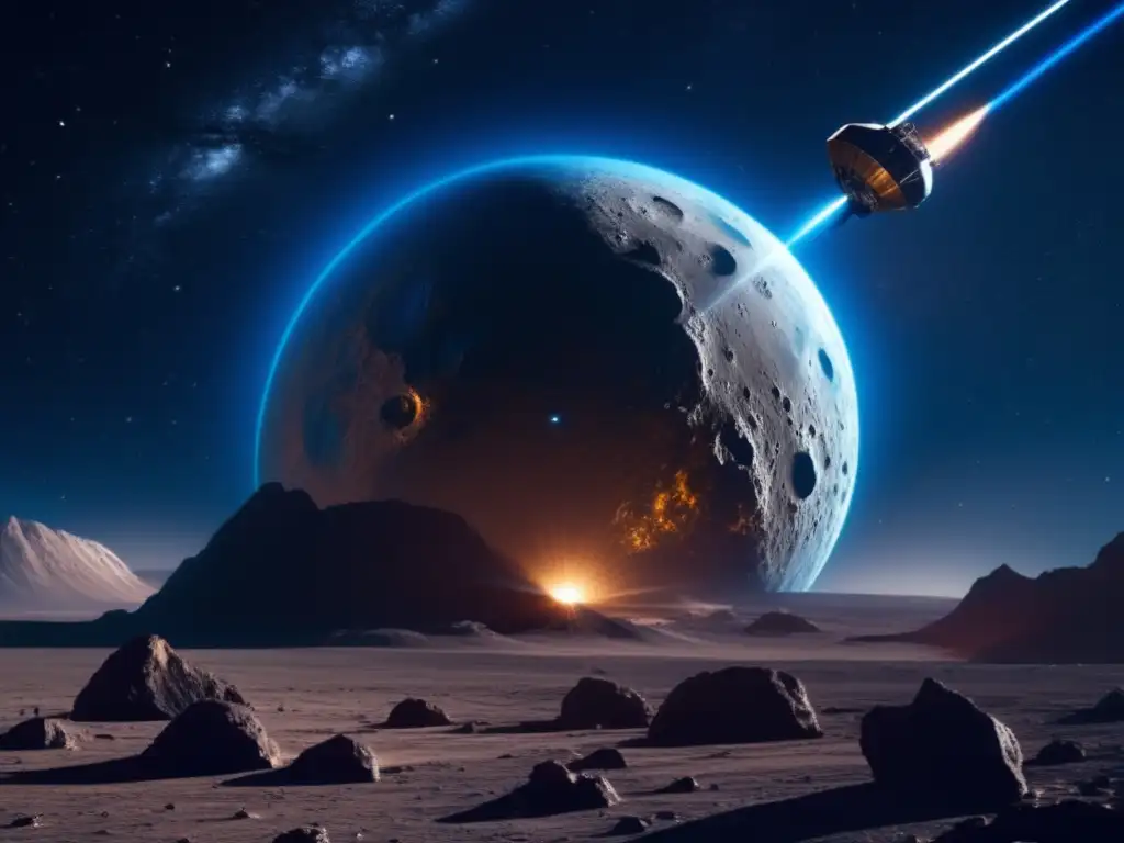 Avances en espectroscopía de asteroides: Exploración espacial futurista con nave y asteroide iluminado